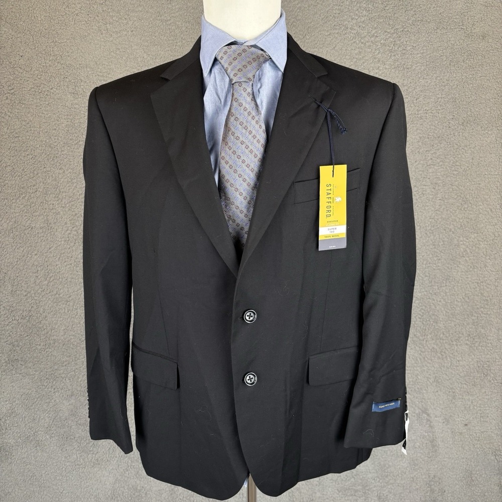 NEW Stafford Blazer Mens 42S Black Super Wool‎ Classic Fit Jacket Sport Coat